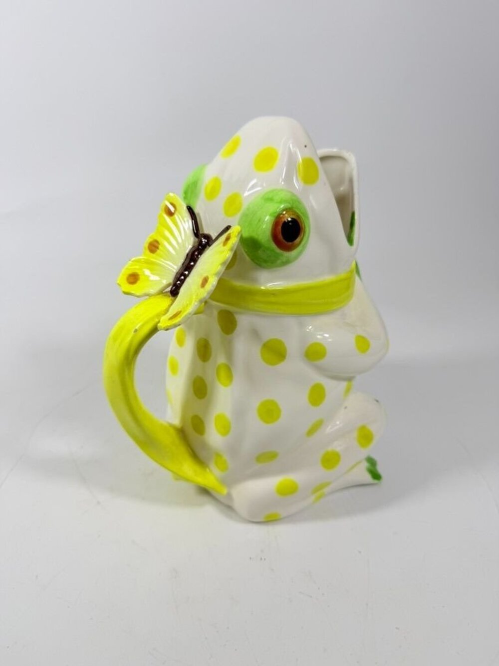 Frog Pitcher Vase Seymour Mann Hand Painted Ceramic Yellow Green Polka Dots Butt - Picture 3 of 16